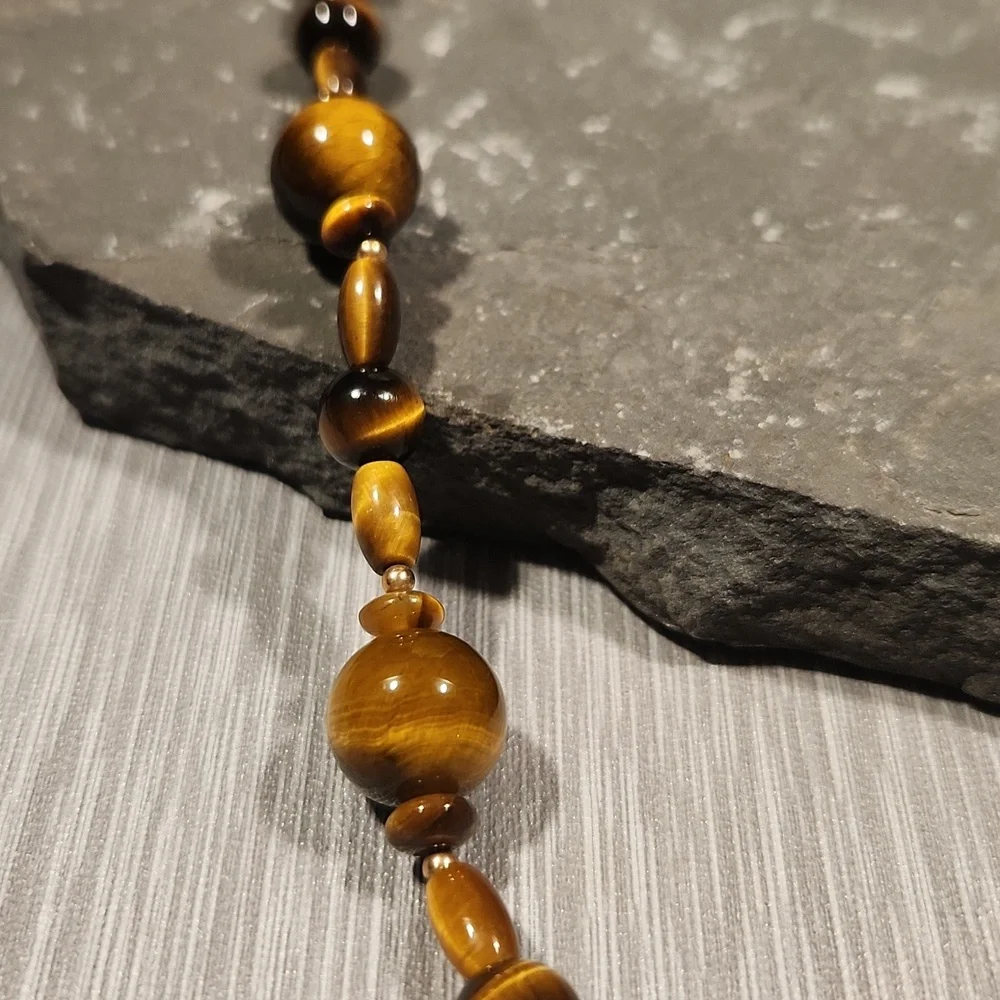 14k Tiger Eye Beaded Women's Necklace - Brown